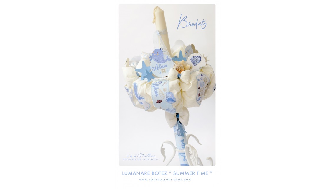 Lumanare botez cu scoici, balene si caluti de mare, 65x4 cm, Summer time  1